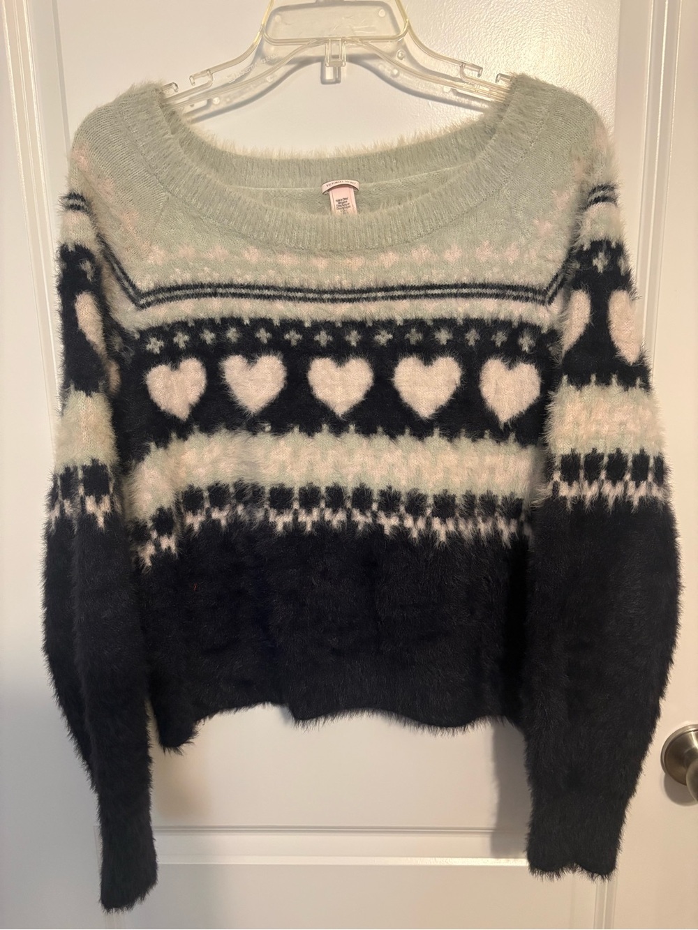 Victoria’s Secret Fair Isle Hearts Cozy Hearts Sweater Mint Green& Navy Medium